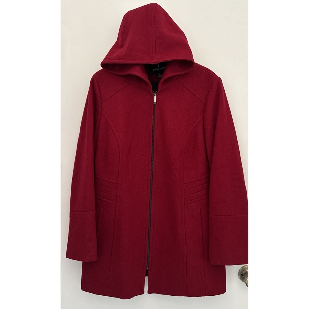 LONDON FOG Coat Womens XL Red Fuled Hooded Wool-Blend Zip Front Cozy/Warm/Winter